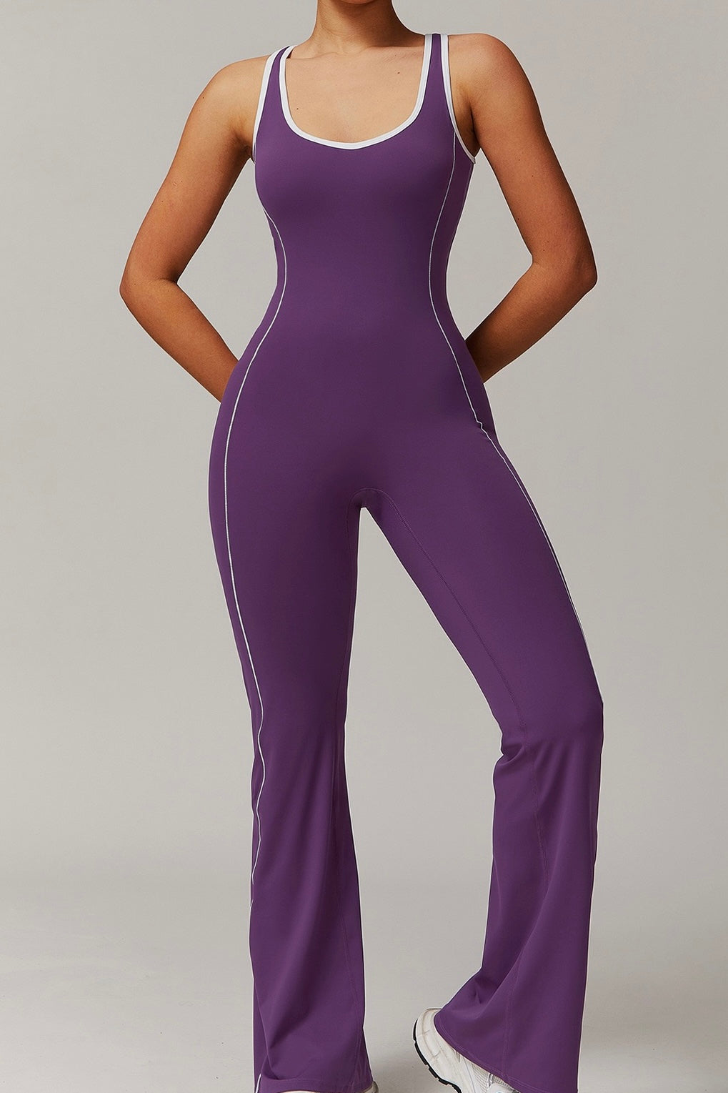 Cutout Back Contrast Piping Flare Jumpsuit