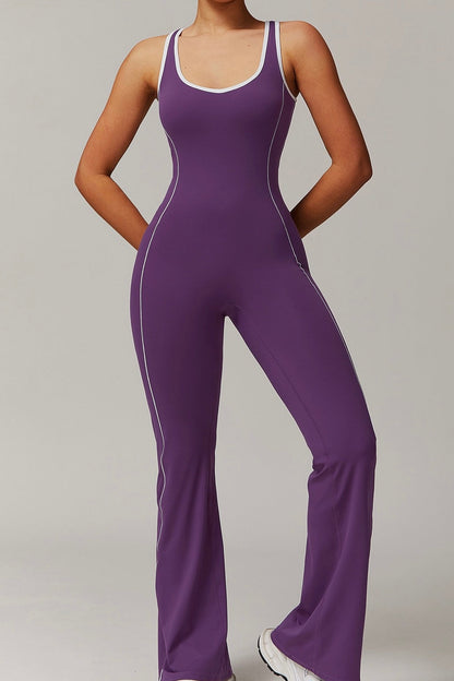 Cutout Back Contrast Piping Flare Jumpsuit